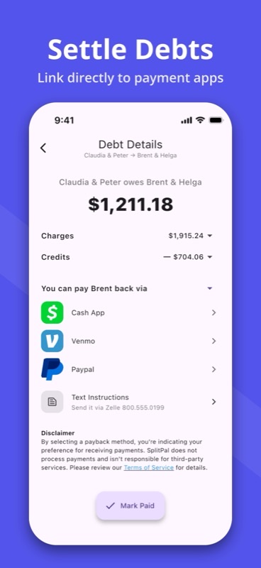SplitPal debt details settlement matrix screenshot